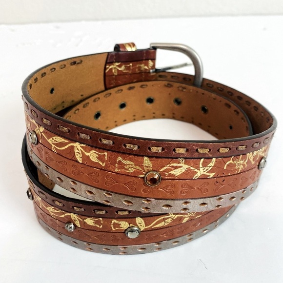 Fossil Brown Leather Tooled Rhinestone Studded Belt Size L - Picture 2 of 9